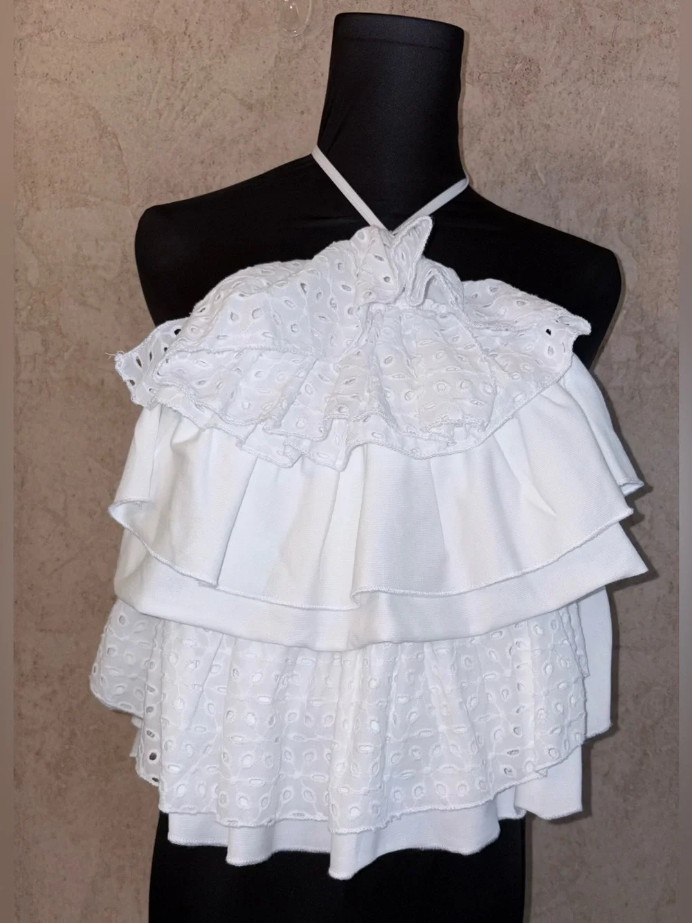 Zara White Eyelet Halter Ruffle Blouse
